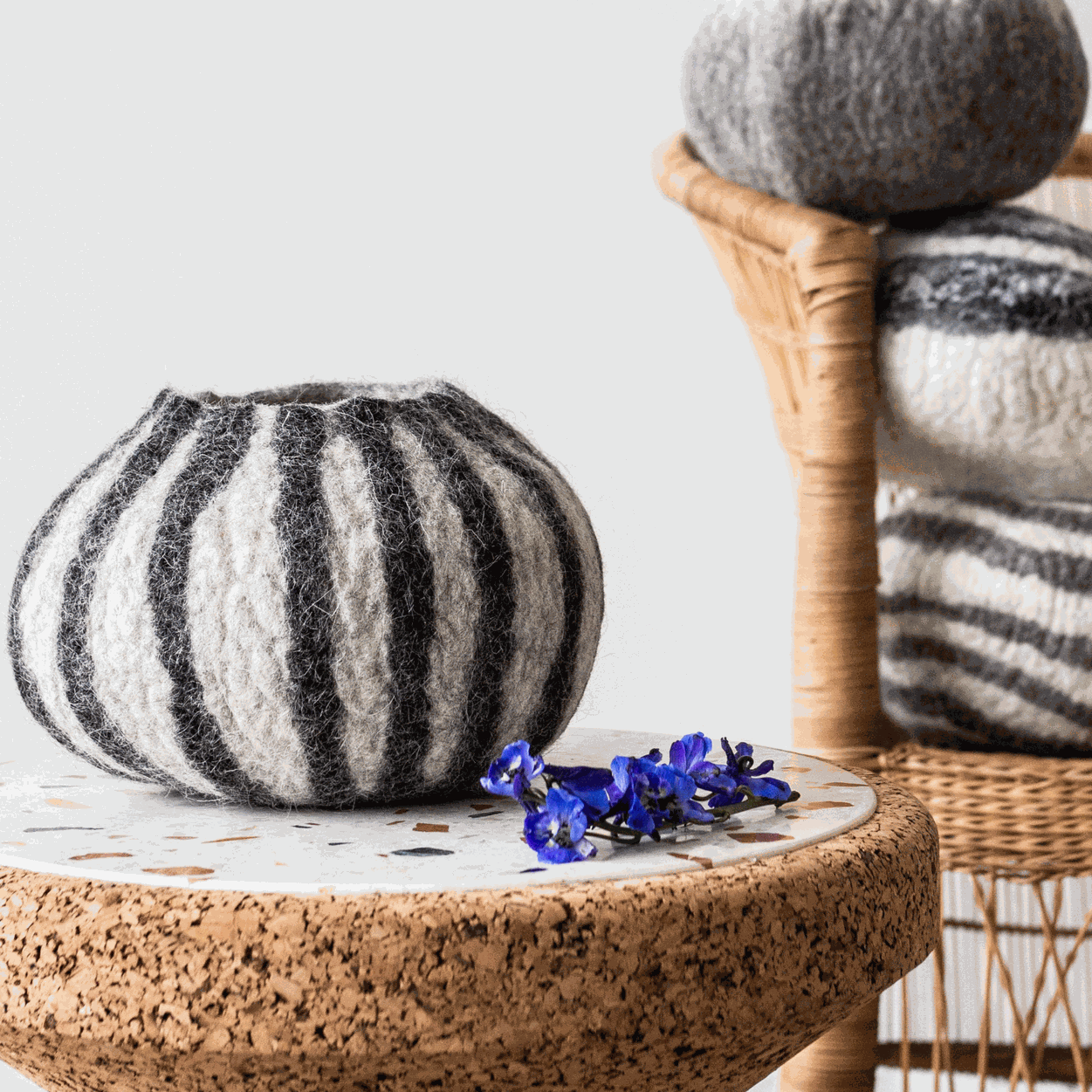 Grey Karakul Striped Decorative Wool Bowl