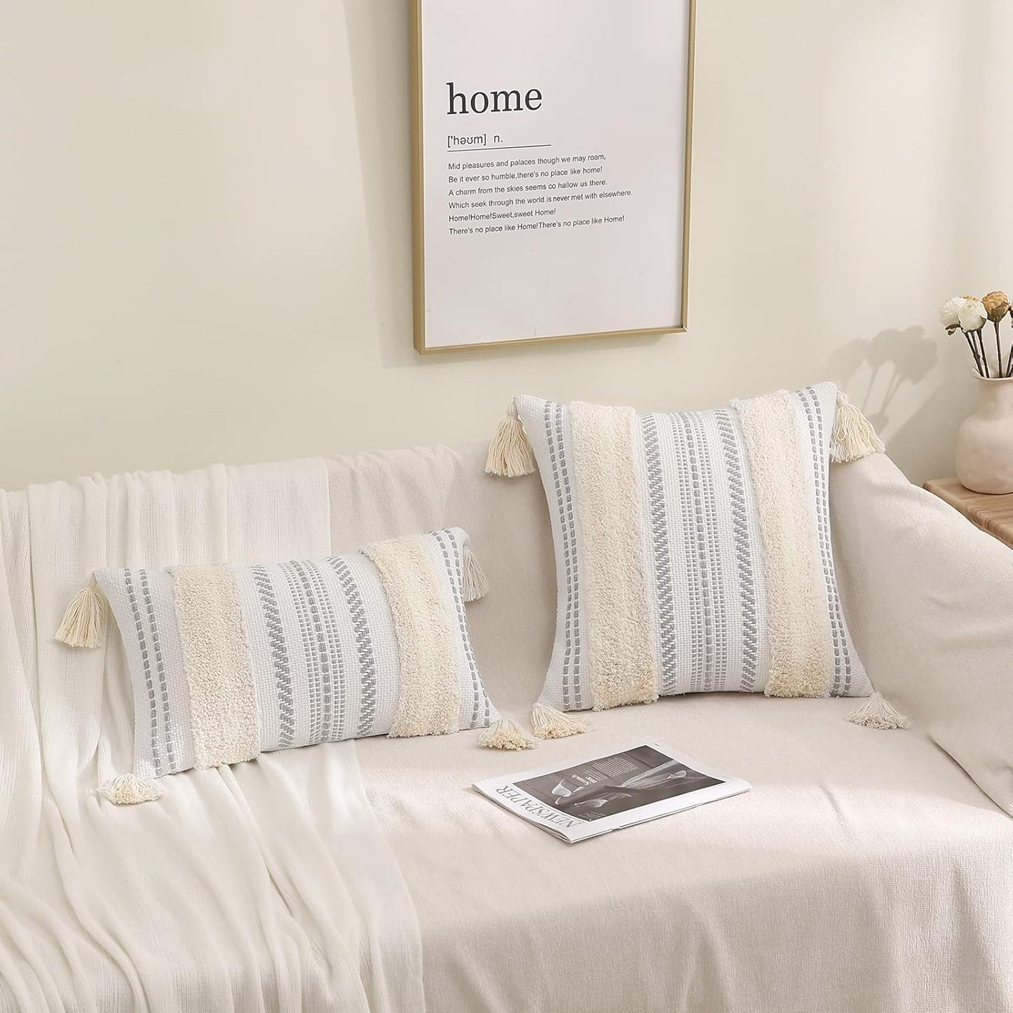 Decoruhome Decorative Boho Throw Pillow Covers 20X20 Set of 2, Accent Neutral Textured Tufted Pillow Covers Striped for Couch Bed Sofa Living Room, Beige and Cream White