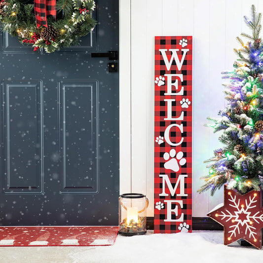 Glitzhome Wooden Welcome Sign with Plaid Pet Paw for Porch, Rustic Farmhouse Style Hanging Vertical Welcome Sign, Red, 42'H, 8'L X 0.5'W