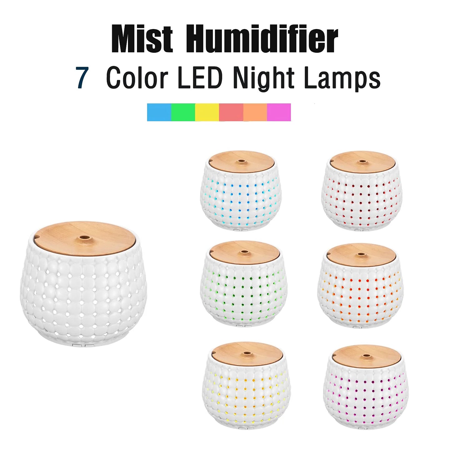 250Ml Ceramic Oil Diffuser for Essential Oils Large Room, Aromatherapy Oil Diffuser Cool Mist Humidifier with 7 Colors Lights 2 Mist Modes White