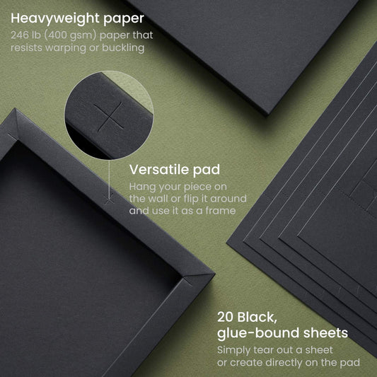 ARTEZA Mixed Media Paper Foldable Canvas Pad, 8X11 Inches, 20 Sheets, Black Paper
