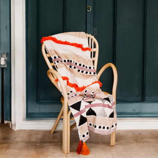 Multicolored Cotton Boho Throw Blanket with Tassels and Fringes