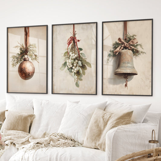 Rustic Holiday Set of 3 Prints: Vintage Christmas Bell Art