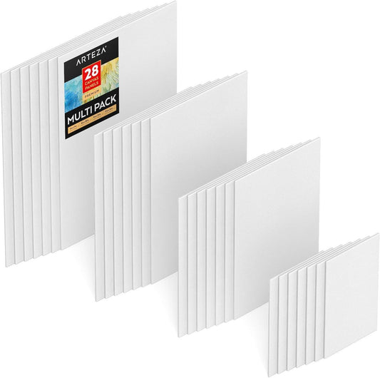 ARTEZA Premium Canvas Boards for Painting, 5 X 7, 8 X 10, 9 X 12, 11 X 14 Inches, Multipack of 28, White Canvas for Acrylic, Oil and Gouache Painting