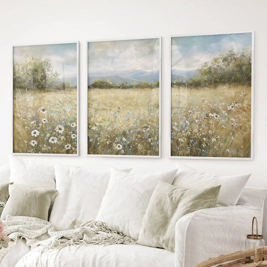 Neutral Meadow Wildflowers Wall Art. Set of 3 Nature Prints