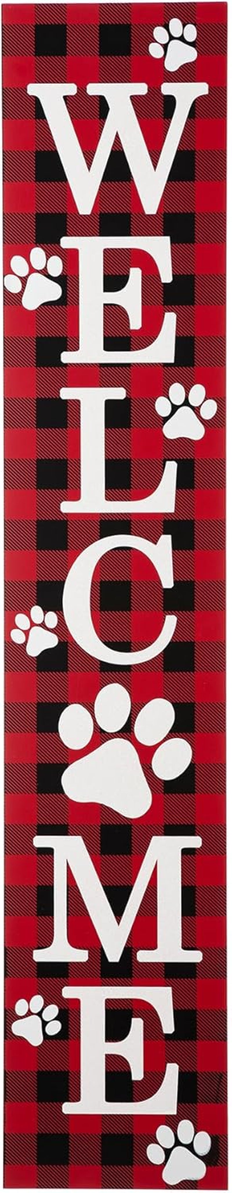 Glitzhome Wooden Welcome Sign with Plaid Pet Paw for Porch, Rustic Farmhouse Style Hanging Vertical Welcome Sign, Red, 42'H, 8'L X 0.5'W