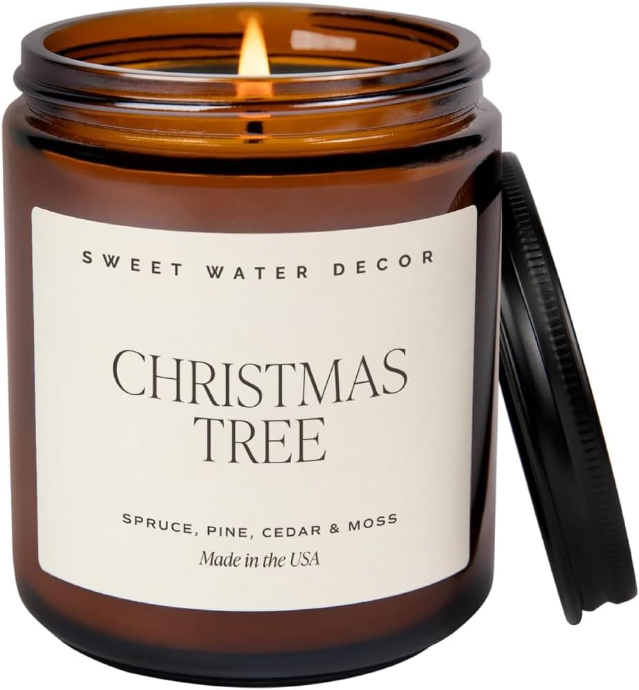 Sweet Water Decor Merry and Bright Candle - Bayberry, Fir, Nutmeg, and Clove Winter Non Toxic Christmas Scented Soy Candles for Home - 9Oz Amber Jar, 40 Hour Burn Time, Made in the USA