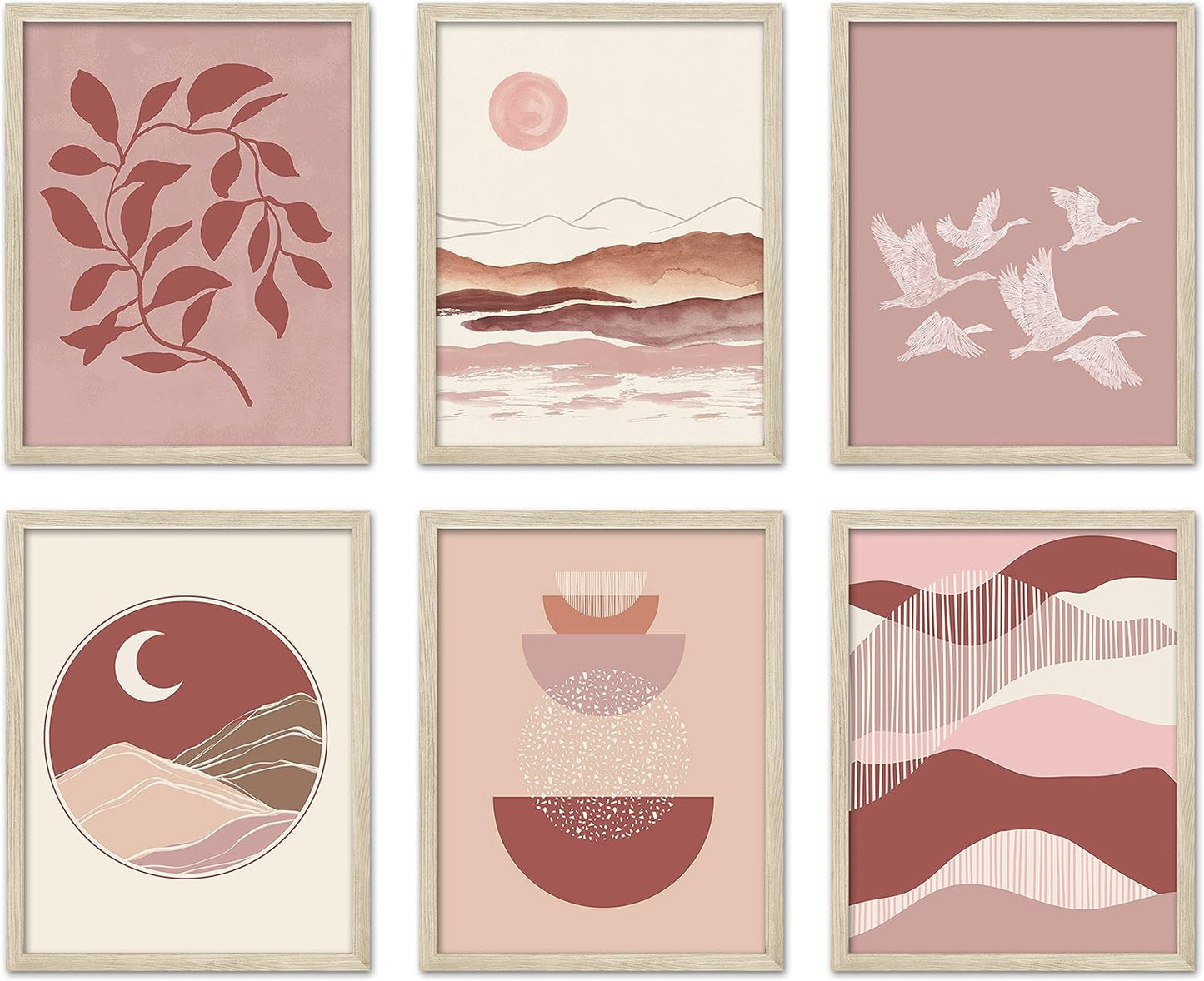 Boho Wall Art Room Decor 8X10 Set of 6 Boho Posters, Mid Century Modern Prints for Wall Art, Sun Moon Desert Bedroom Decor