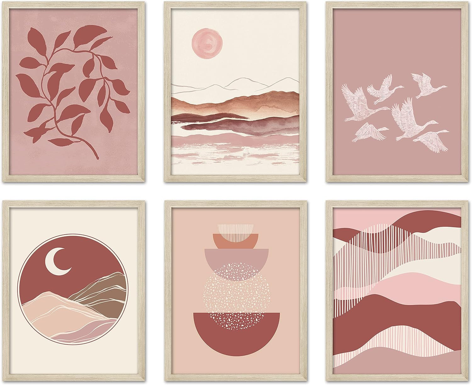 Boho Wall Art Room Decor 8X10 Set of 6 Boho Posters, Mid Century Modern Prints for Wall Art, Sun Moon Desert Bedroom Decor