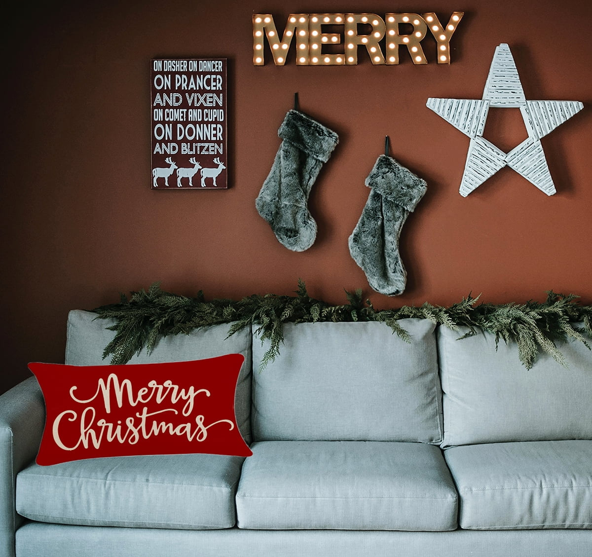 Christmas Pillow Covers Decorations Red Merry Christmas Farmhouse Throw Pillow Covers Great Gift for Christmas 12" X 20" 1 Pack