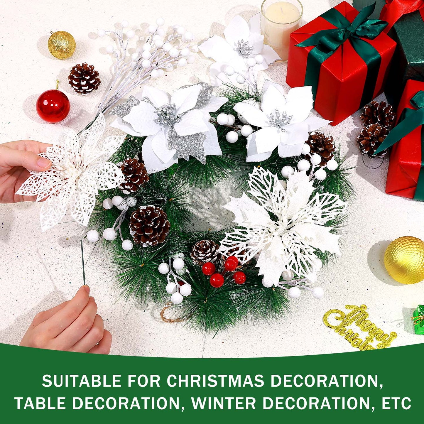 56Pcs Poinsettia Christmas Flowers Decorations Christmas Flower Ornaments White Christmas Flowers Christmas Pine Cones Christmas Tree Ornaments Christmas Tree Decorations