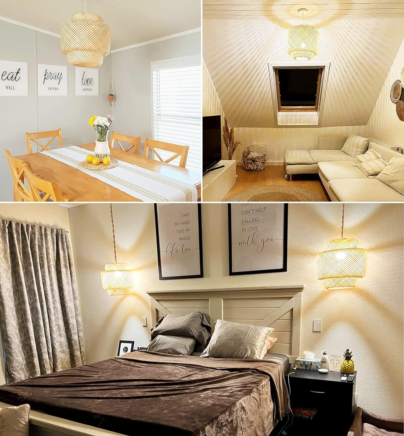 Plug in Pendant Light Hanging Lights with Plug in Cord Boho Hanging Lamp Dimmable,Rattan Wicker Woven Bamboo Lamp Shade, Plug in Ceiling Light Fixture for Living Room Bedroom Kitchen