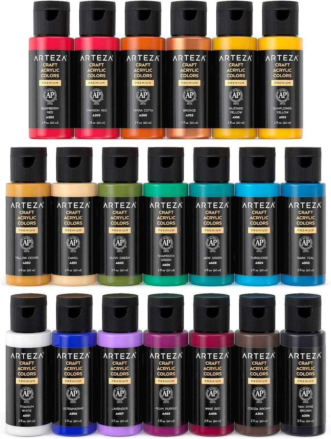 ARTEZA Craft Acrylic Paint Set, Set of 20 Vintage Tones Acrylic Craft Paint, Artist Paints Art Supplies for Glass, Wood, Ceramics, Fabrics, Leather