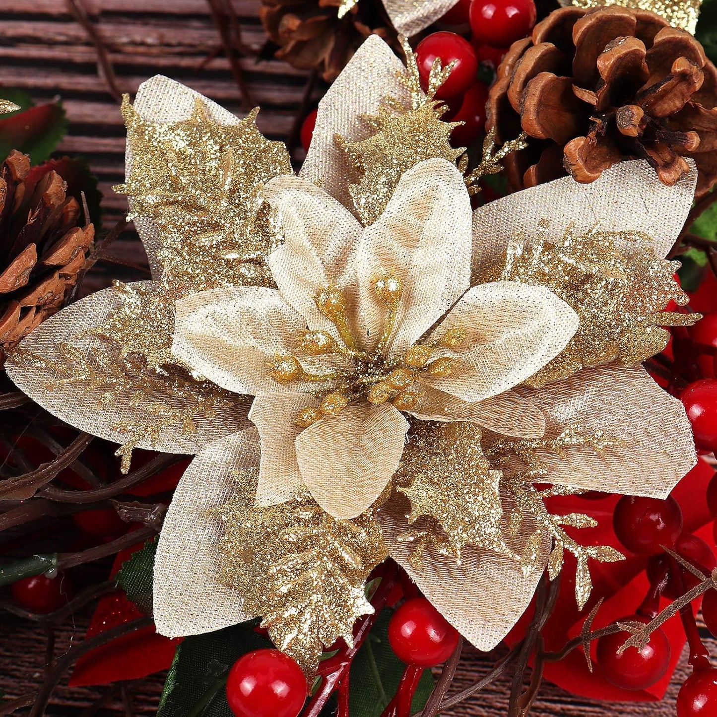 RECUTMS 10 Pcs Christmas Glitter Artificial Poinsettia Flowers 6 Inch Christmas Wreath Christmas Tree Flowers Ornaments Holiday Seasonal Decorations for Xmas New Year Wedding Party(Red)