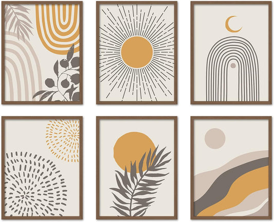 Boho Wall Art Room Decor 8X10 Set of 6 Boho Posters, Mid Century Modern Prints for Wall Art, Sun Moon Desert Bedroom Decor