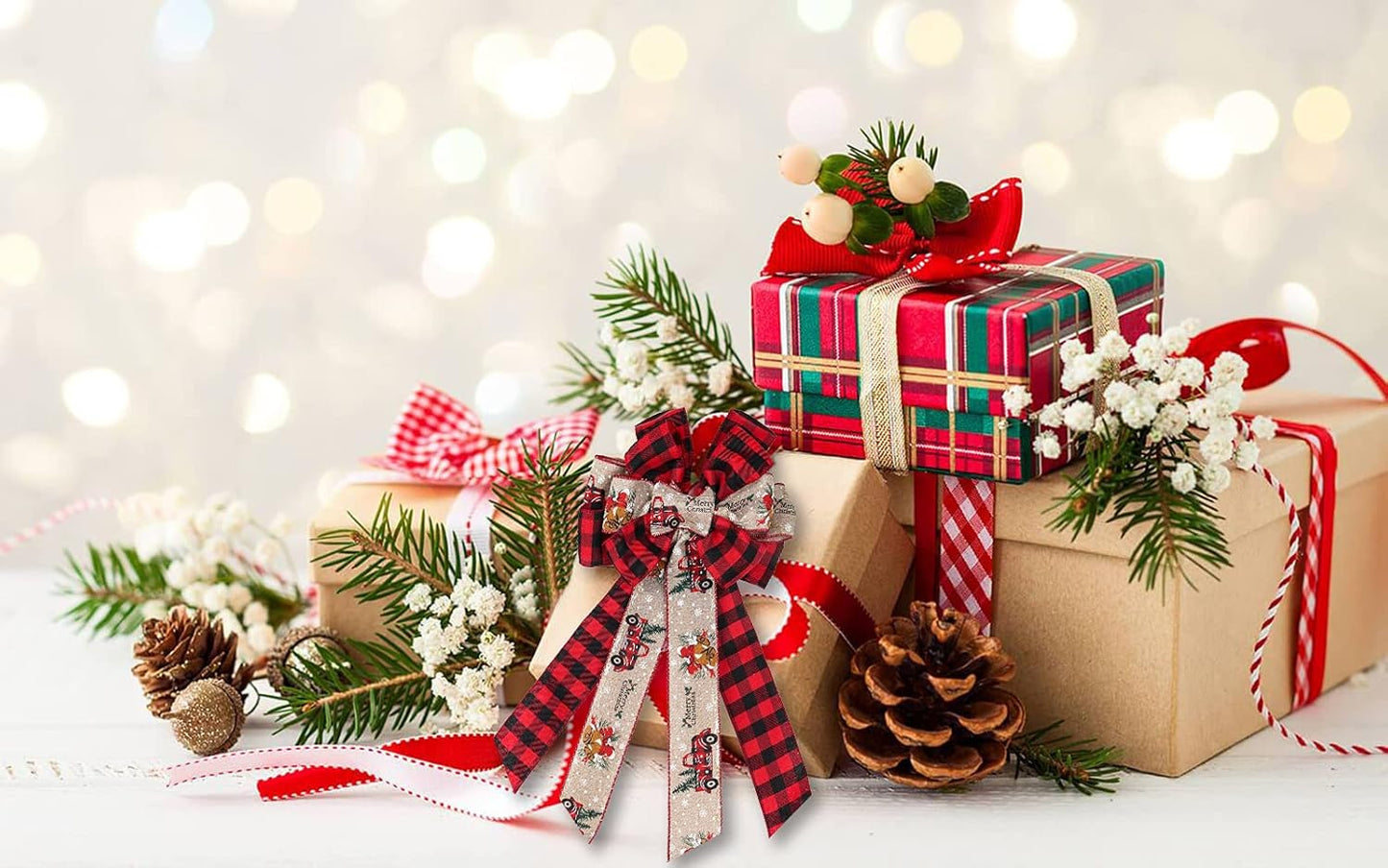 RECUTMS 2 Pieces Red Christmas Bows Tree Topper Burlap Bows with Xmas Bell Pattern Small Two-Tier Christmas Wreath Bow for Xmas Parties Front Door Home Indoor Outdoor Holiday Decorations