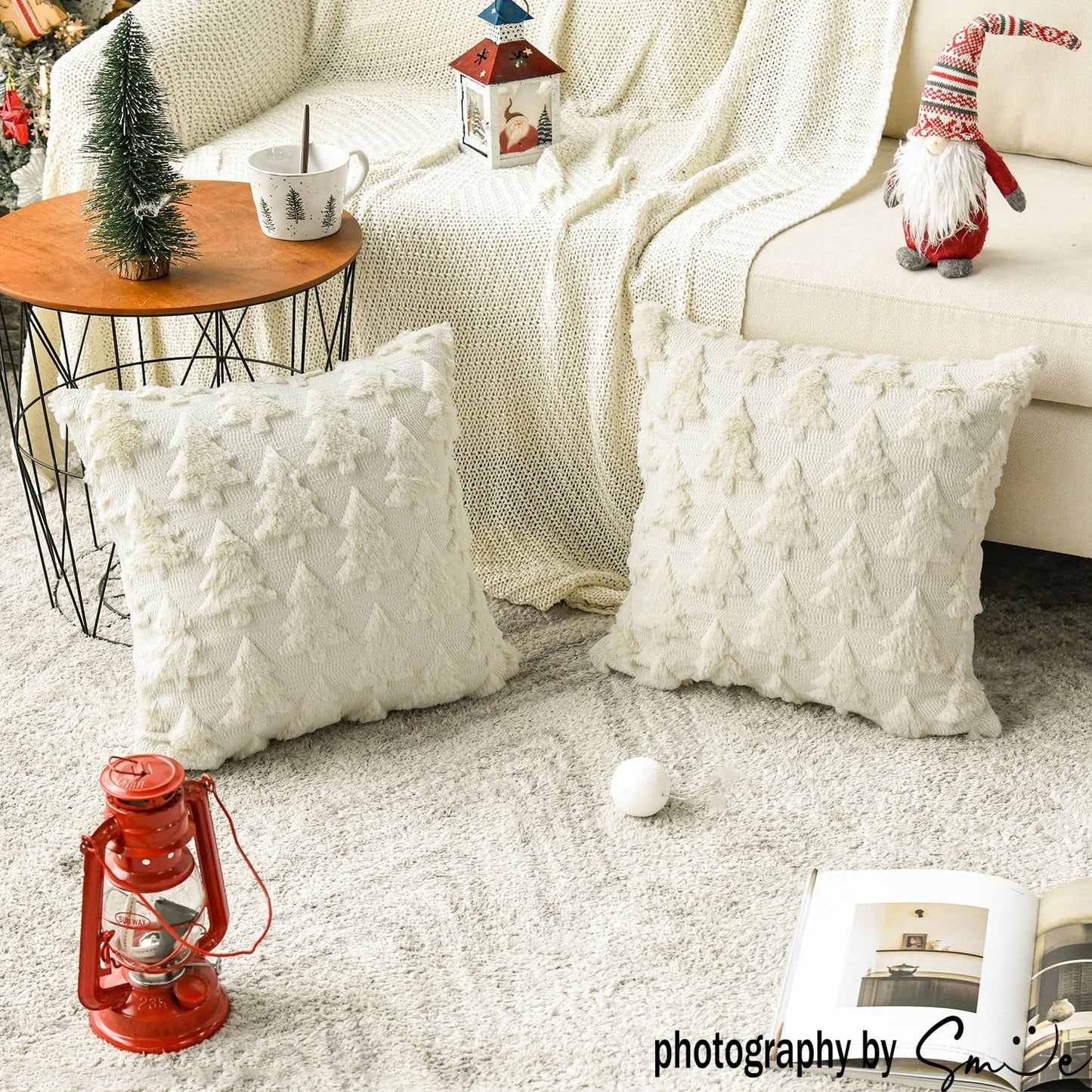 Beige Christmas Tree Soft Plush Faux Fur Pillow Covers 18X18 Inch Set of 2 Outdoor Sofa Holiday Festivals Winter Home Decor