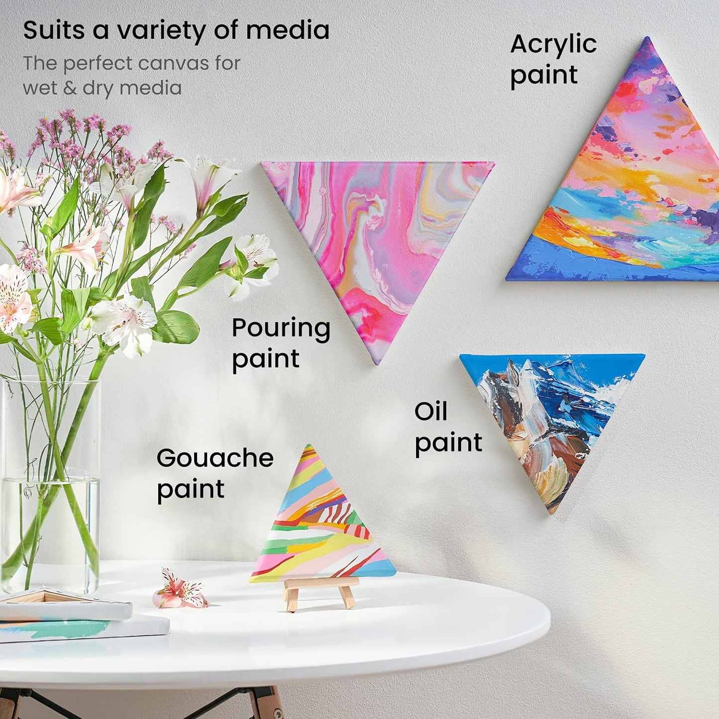 ARTEZA Triangle Stretched Canvas 14 Inch Side Pack of 8 – Blank White Cotton Canvases for Acrylic, Oil, Gouache Painting – Pre-Primed on Wood Frame