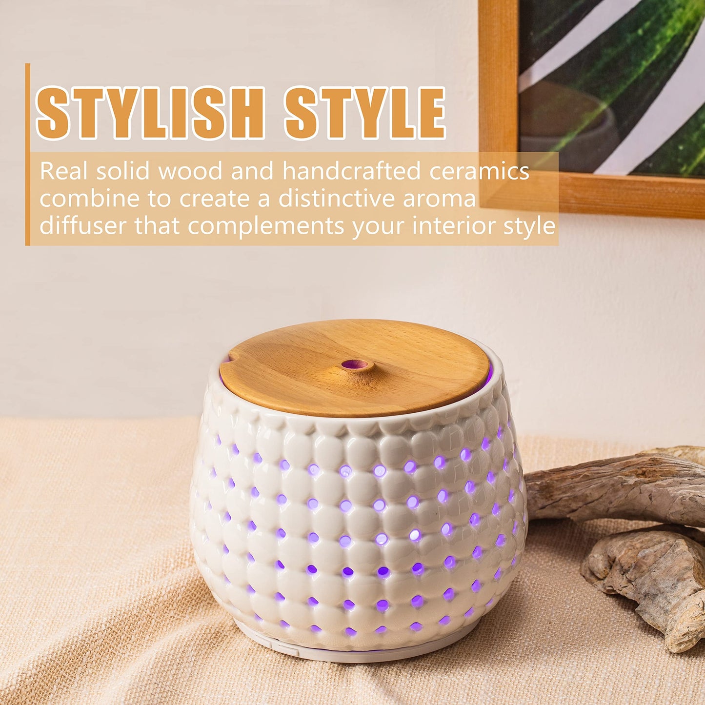 250Ml Ceramic Oil Diffuser for Essential Oils Large Room, Aromatherapy Oil Diffuser Cool Mist Humidifier with 7 Colors Lights 2 Mist Modes White