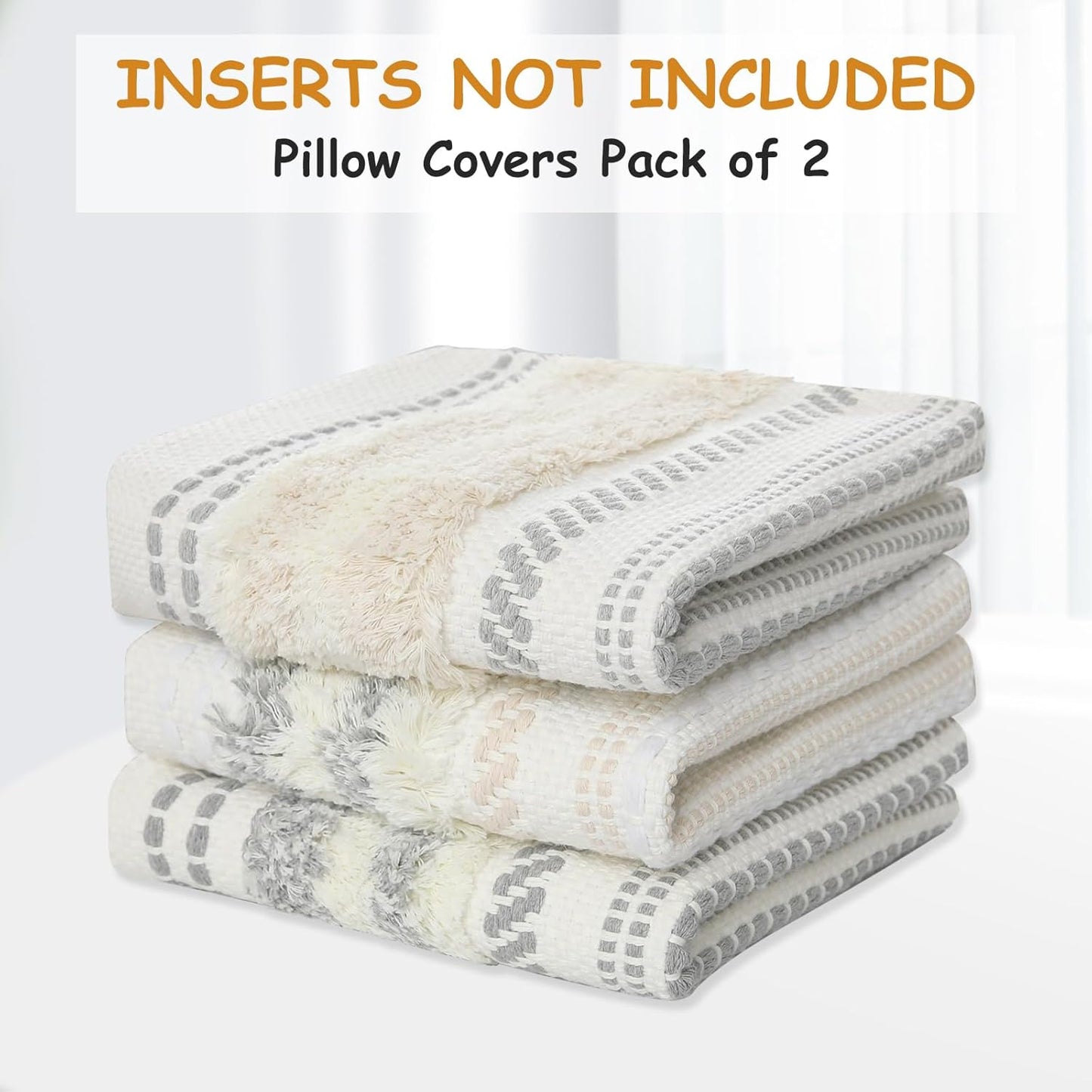 Decoruhome Decorative Boho Throw Pillow Covers 20X20 Set of 2, Accent Neutral Textured Tufted Pillow Covers Striped for Couch Bed Sofa Living Room, Khaki and Cream White