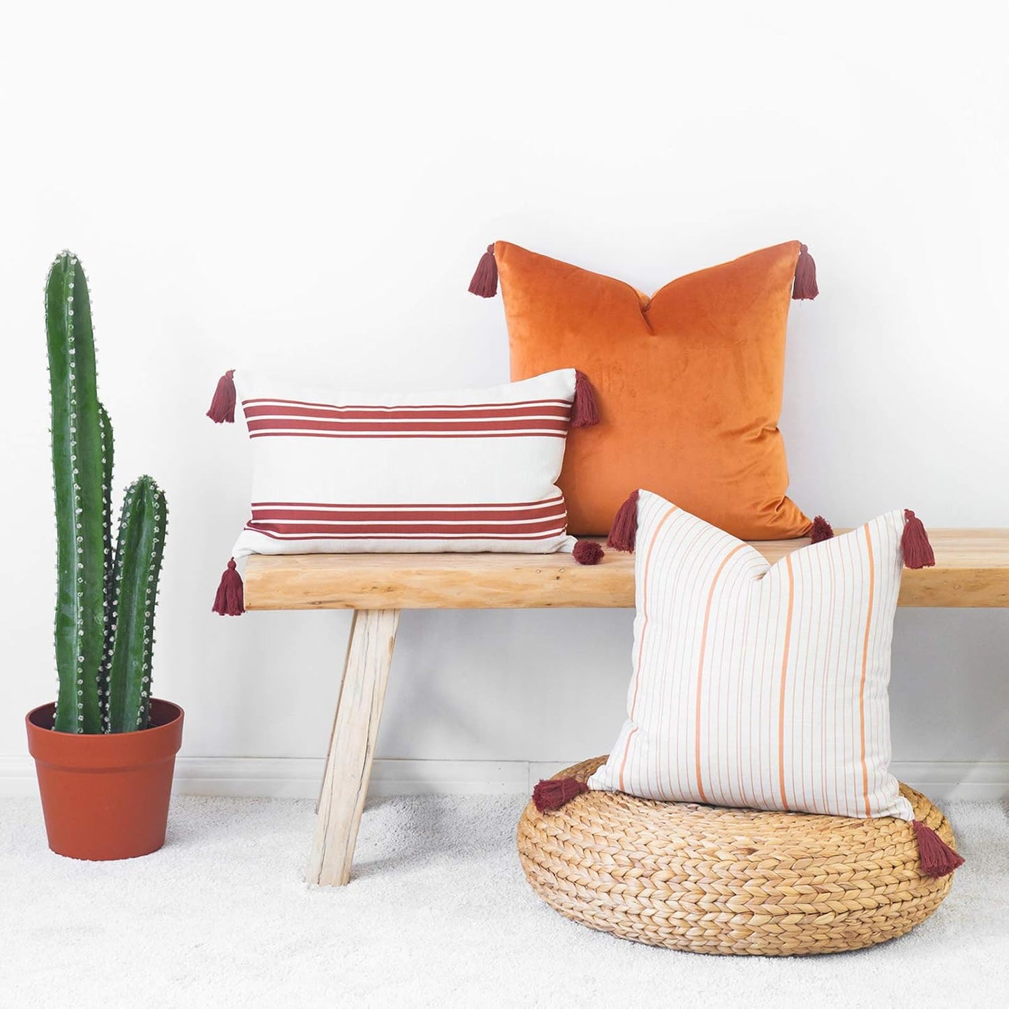 Hofdeco Fall Decorative Lumbar Throw Pillow Cover ONLY, for Couch, Sofa, or Bed, Orange Stripe Tassel, 12"X20"