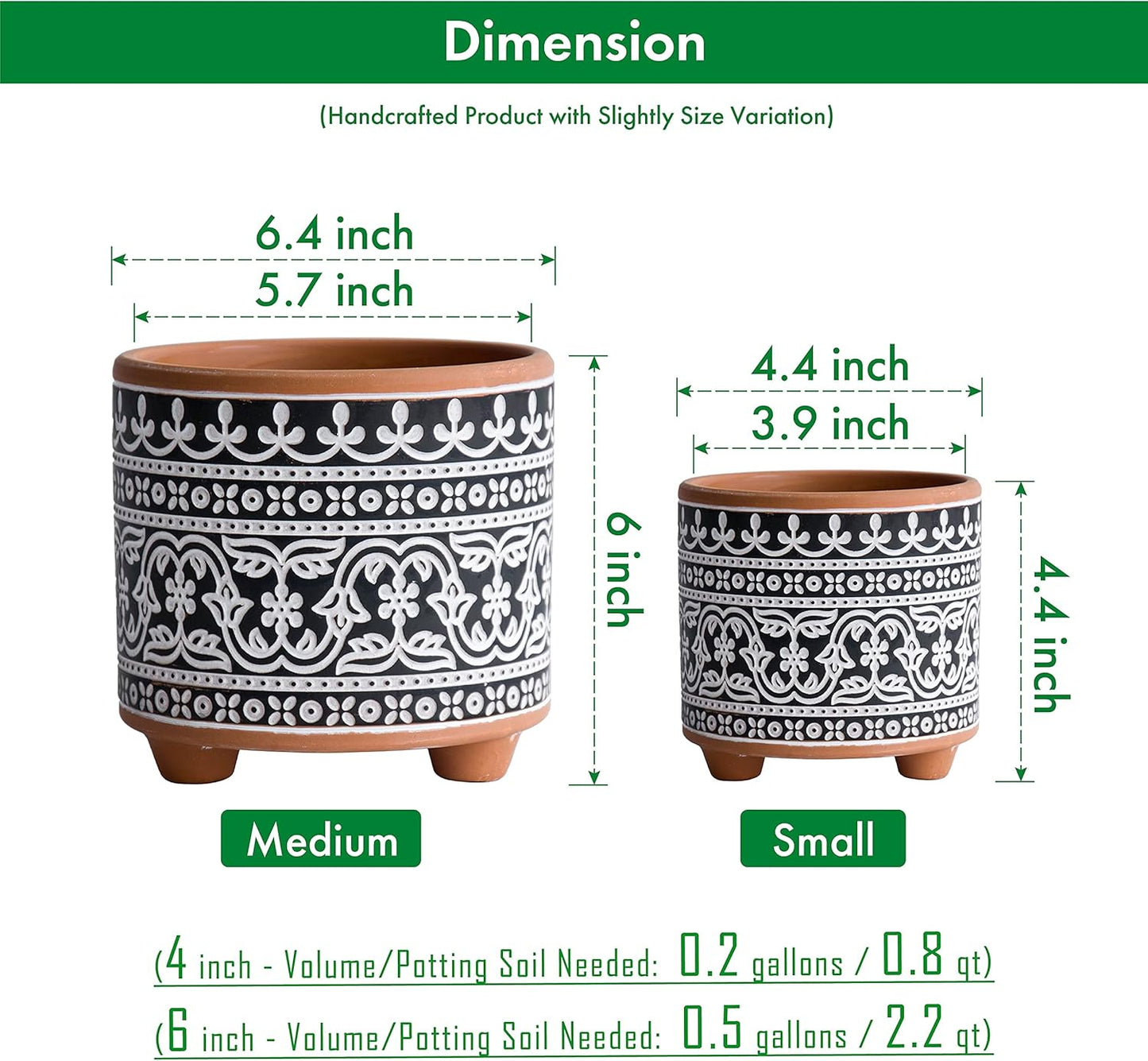 D'Vine Dev Set of 2 Terracotta Planter Pots, 4 Inch & 6 Inch, Design Plants Pot with Drainage Hole, Midnight Lace, Terracotta/Black, 31-953-F-2