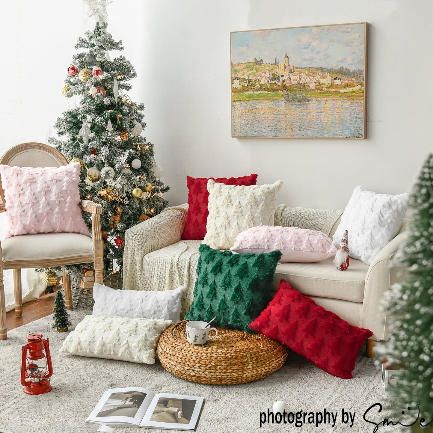 Beige Christmas Tree Soft Plush Faux Fur Pillow Covers 18X18 Inch Set of 2 Outdoor Sofa Holiday Festivals Winter Home Decor