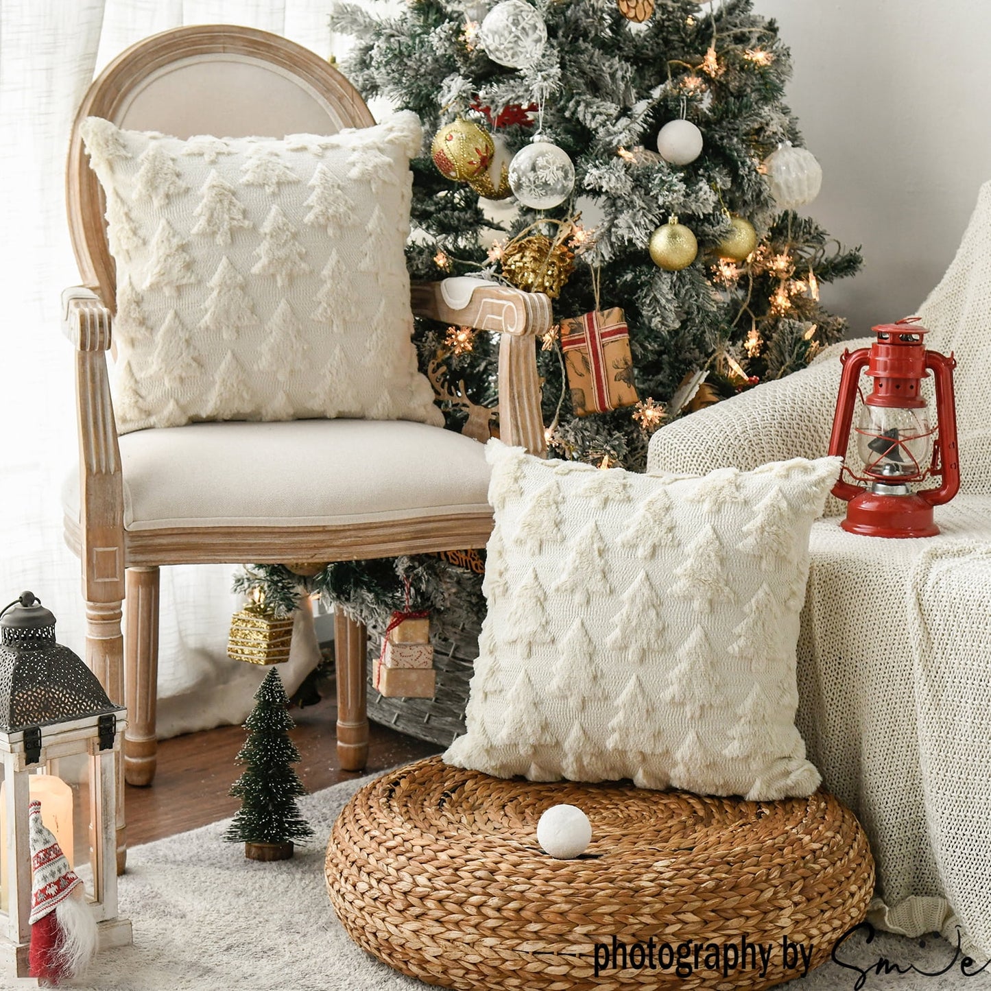 Beige Christmas Tree Soft Plush Faux Fur Pillow Covers 18X18 Inch Set of 2 Outdoor Sofa Holiday Festivals Winter Home Decor
