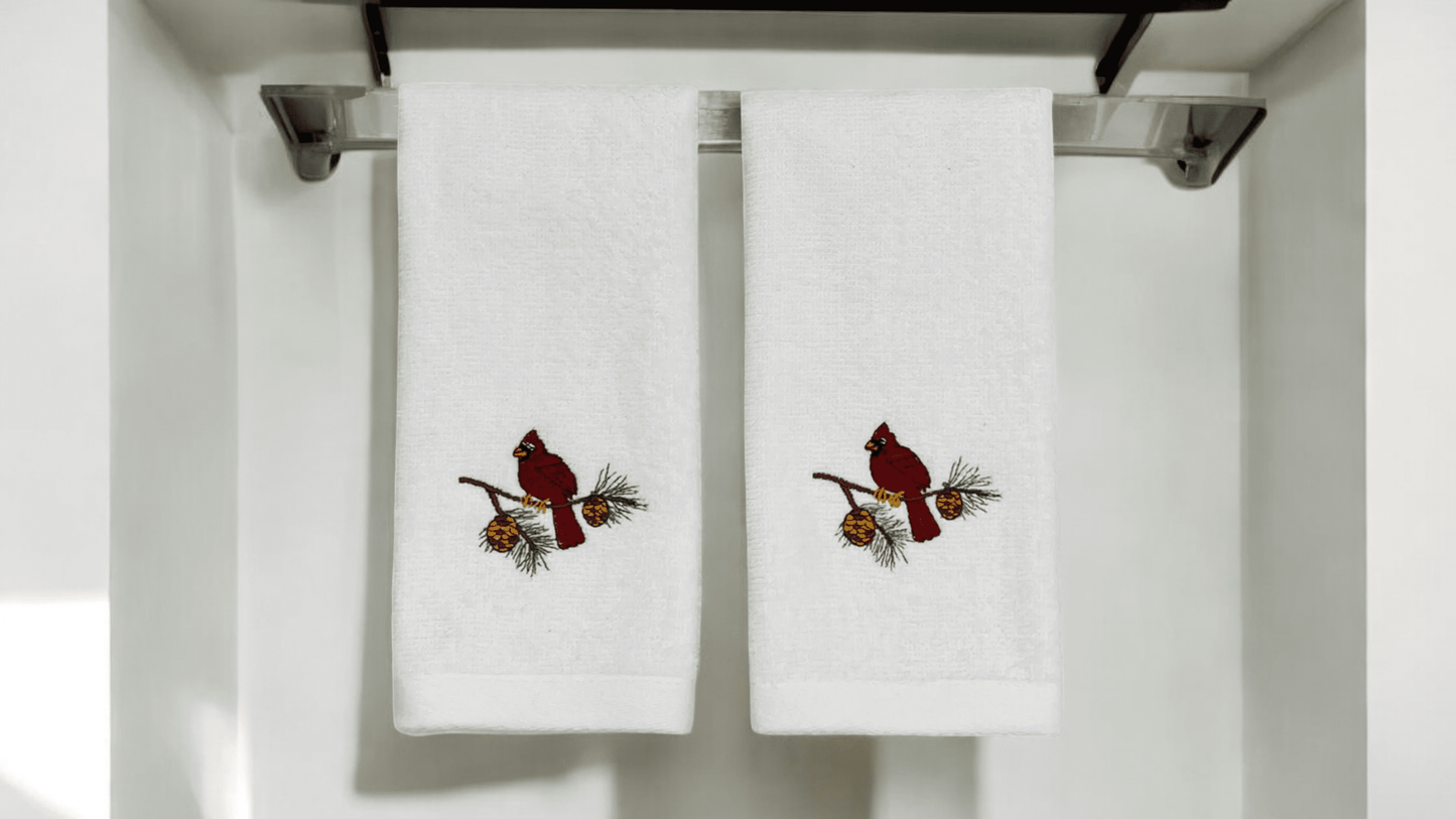 Plush Velour Cotton Fingertip Towels, Christmas Cardinal Bird, Set of 2