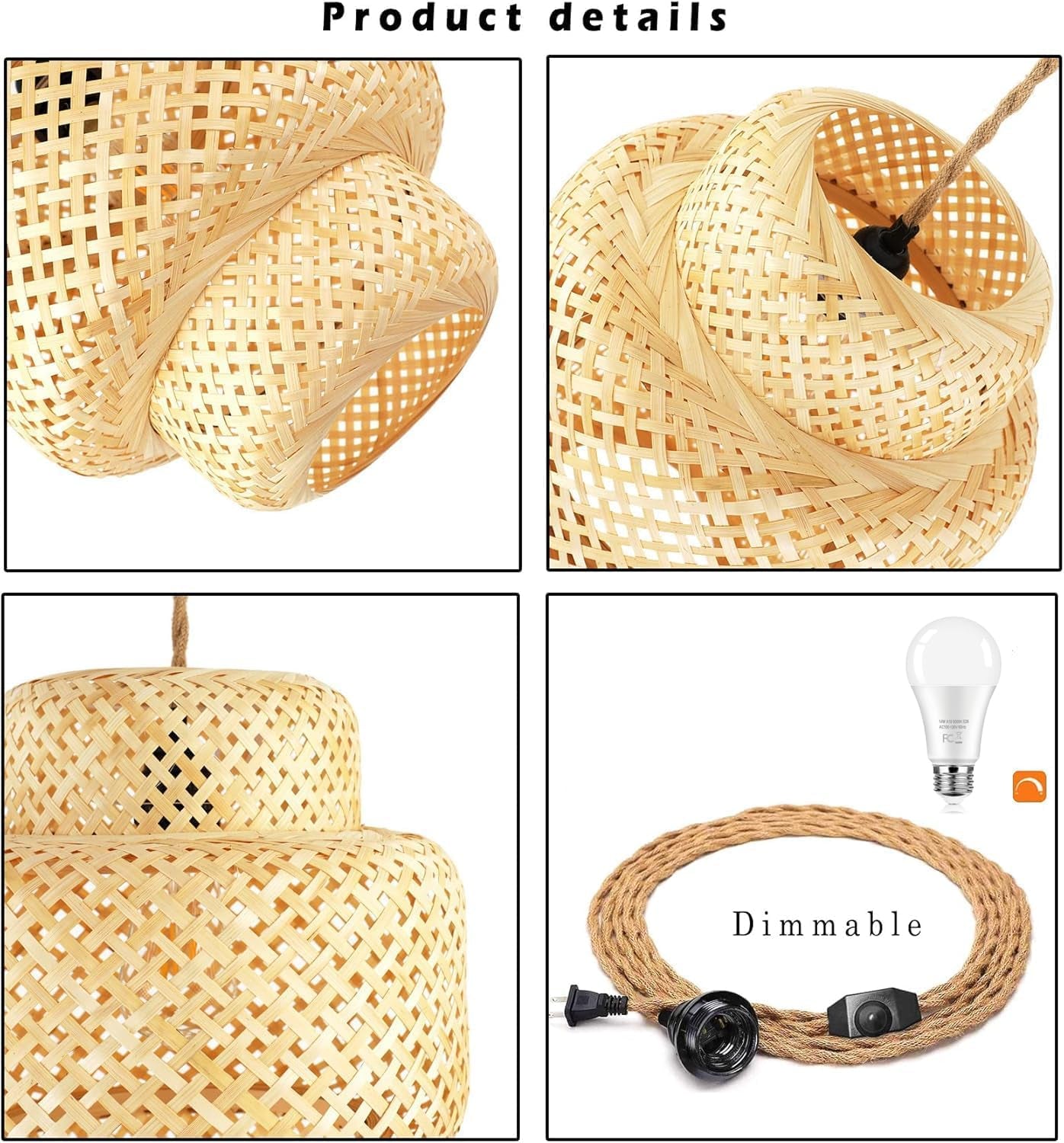 Plug in Pendant Light Hanging Lights with Plug in Cord Boho Hanging Lamp Dimmable,Rattan Wicker Woven Bamboo Lamp Shade, Plug in Ceiling Light Fixture for Living Room Bedroom Kitchen
