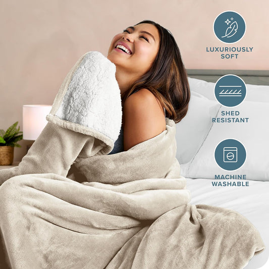 Sherpa Fleece Blanket - Throw/Travel Size - Blanket for Bed, Sofa, and Couch - Warm & Lightweight - Fluffy & Soft - Reversible (Throw/Travel, Oyster)