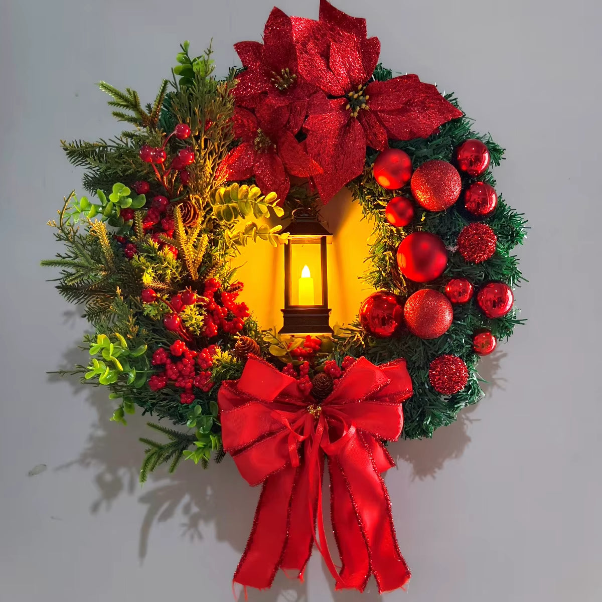 30/40CM Door Wreath with Candle Red Flower Bow Wreath for Front Door Christmas Ornaments Flower Garland Christmas Decorations