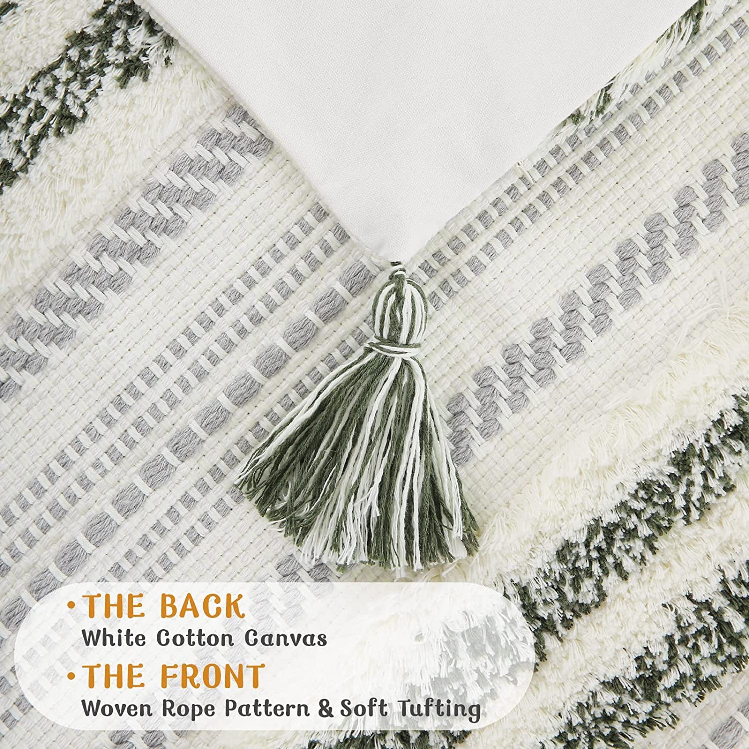 Decoruhome Decorative Boho Throw Pillow Cover 12X20, Lumbar Accent Neutral Textured Tufted Pillow Cover Striped for Couch Bed Sofa, Green and Cream White, Pack of 1