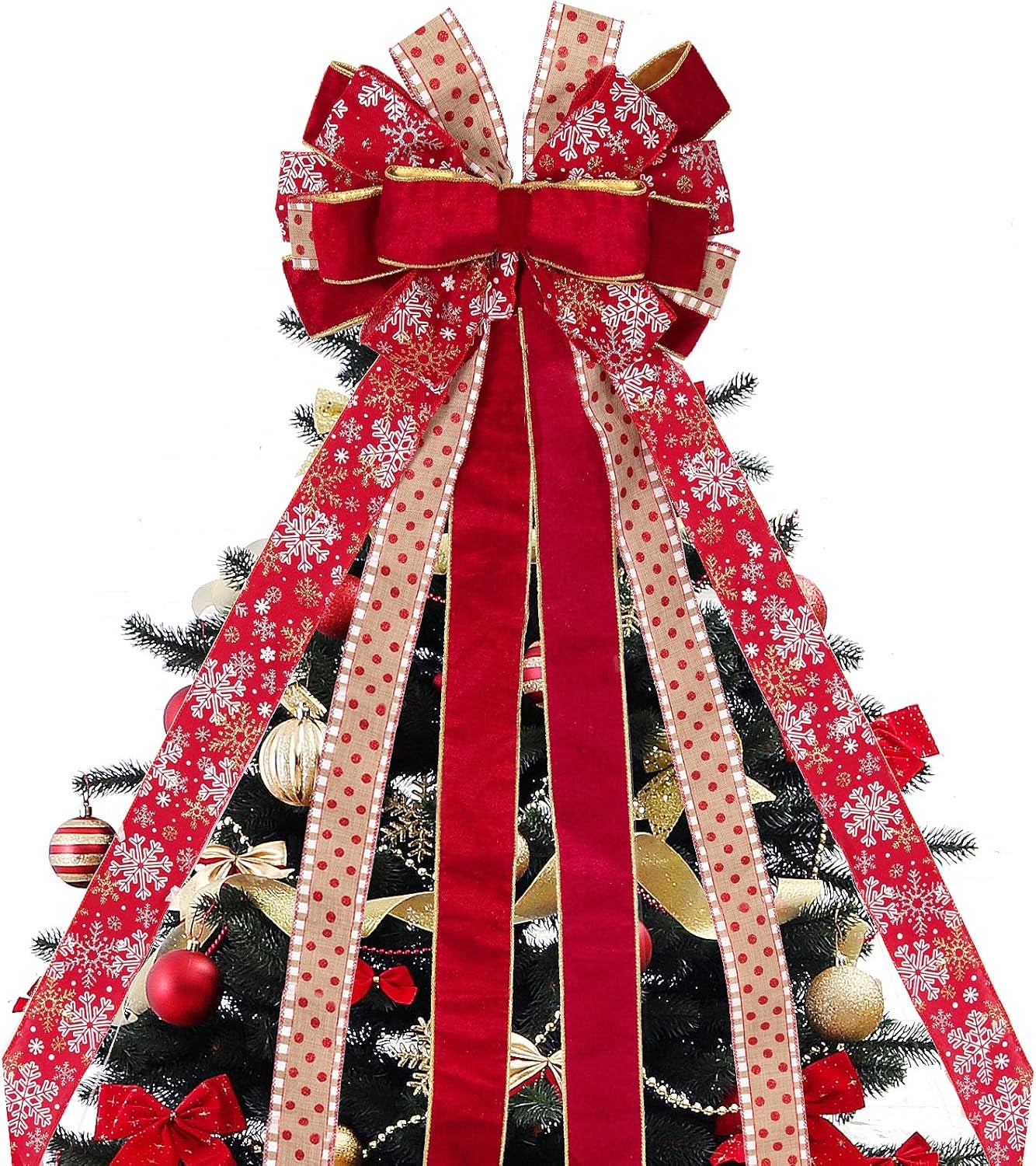 RECUTMS 2 Pieces Red Christmas Bows Tree Topper Burlap Bows with Xmas Bell Pattern Small Two-Tier Christmas Wreath Bow for Xmas Parties Front Door Home Indoor Outdoor Holiday Decorations