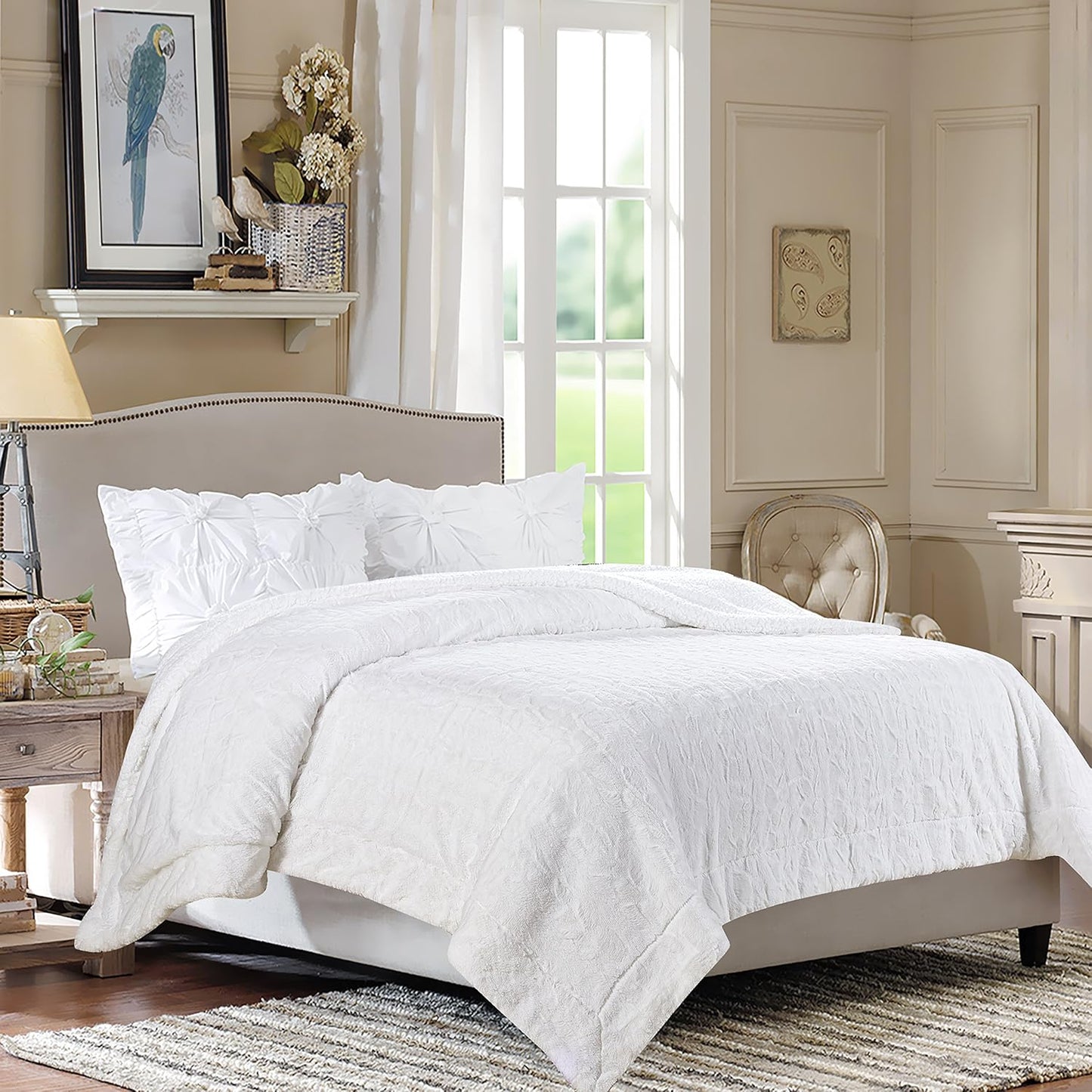 Chanasya Premium Wolf Faux Fur Throw Blanket - Soft, Fuzzy Sherpa & Minky Throw Blanket - for Bed or Couch - 60" X 70” - White