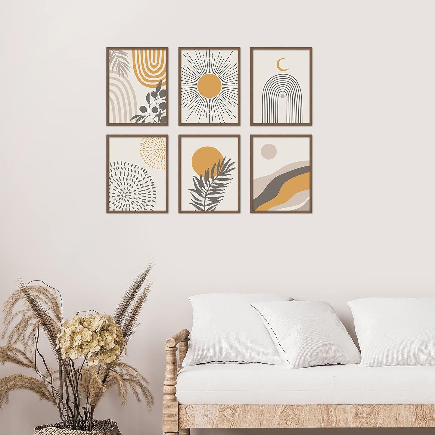 Boho Wall Art Room Decor 8X10 Set of 6 Boho Posters, Mid Century Modern Prints for Wall Art, Sun Moon Desert Bedroom Decor