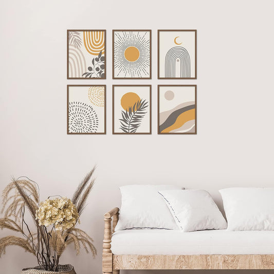 Boho Wall Art Room Decor 8X10 Set of 6 Boho Posters, Mid Century Modern Prints for Wall Art, Sun Moon Desert Bedroom Decor