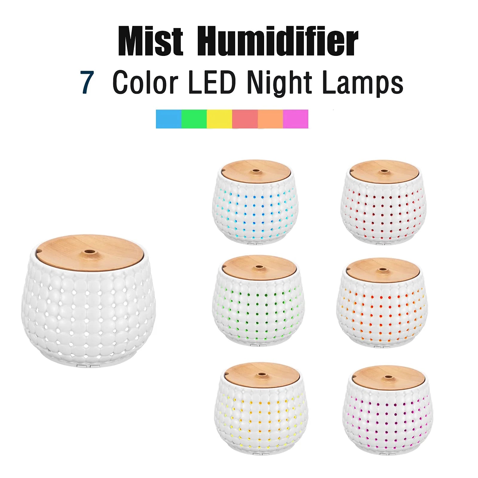 250Ml Ceramic Oil Diffuser for Essential Oils Large Room, Aromatherapy Oil Diffuser Cool Mist Humidifier with 7 Colors Lights 2 Mist Modes White