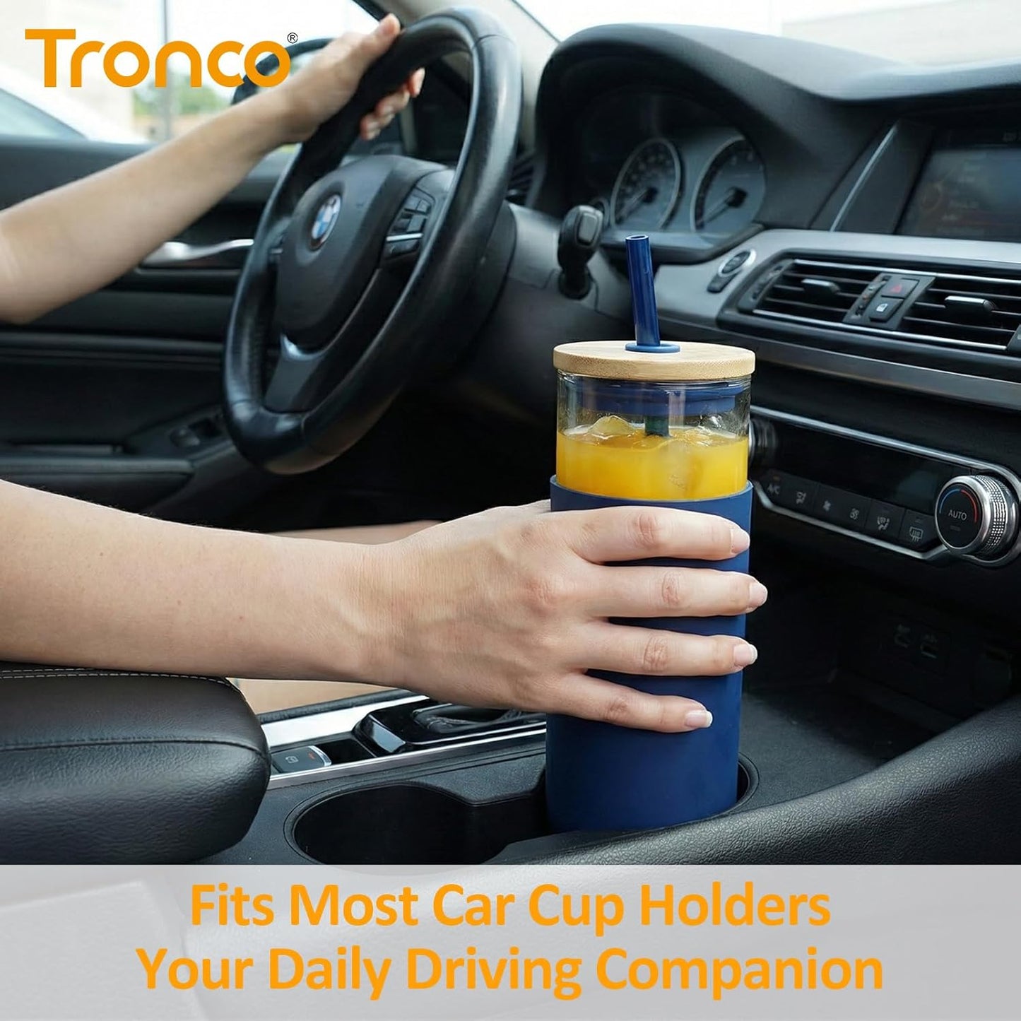 Tronco® 16 Oz Glass Tumbler with Lids and Straw, Reusable Iced Coffee Cup & Smoothie Cup with Bamboo Lid, Silicone Sleeve, Dishwasher Safe, Bpa-Free Borosilicate Glass, 1 Pack