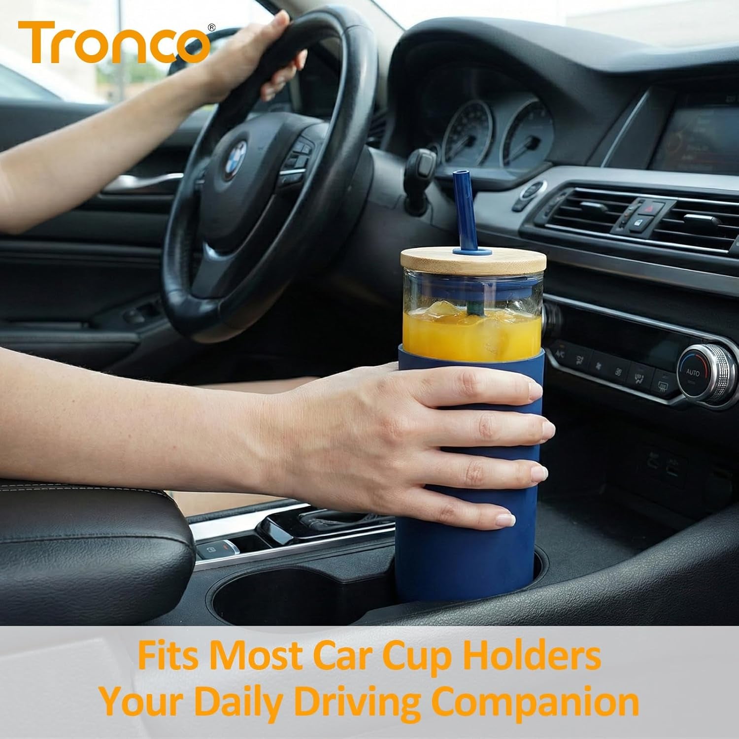Tronco® 16 Oz Glass Tumbler with Lids and Straw, Reusable Iced Coffee Cup & Smoothie Cup with Bamboo Lid, Silicone Sleeve, Dishwasher Safe, Bpa-Free Borosilicate Glass, 1 Pack