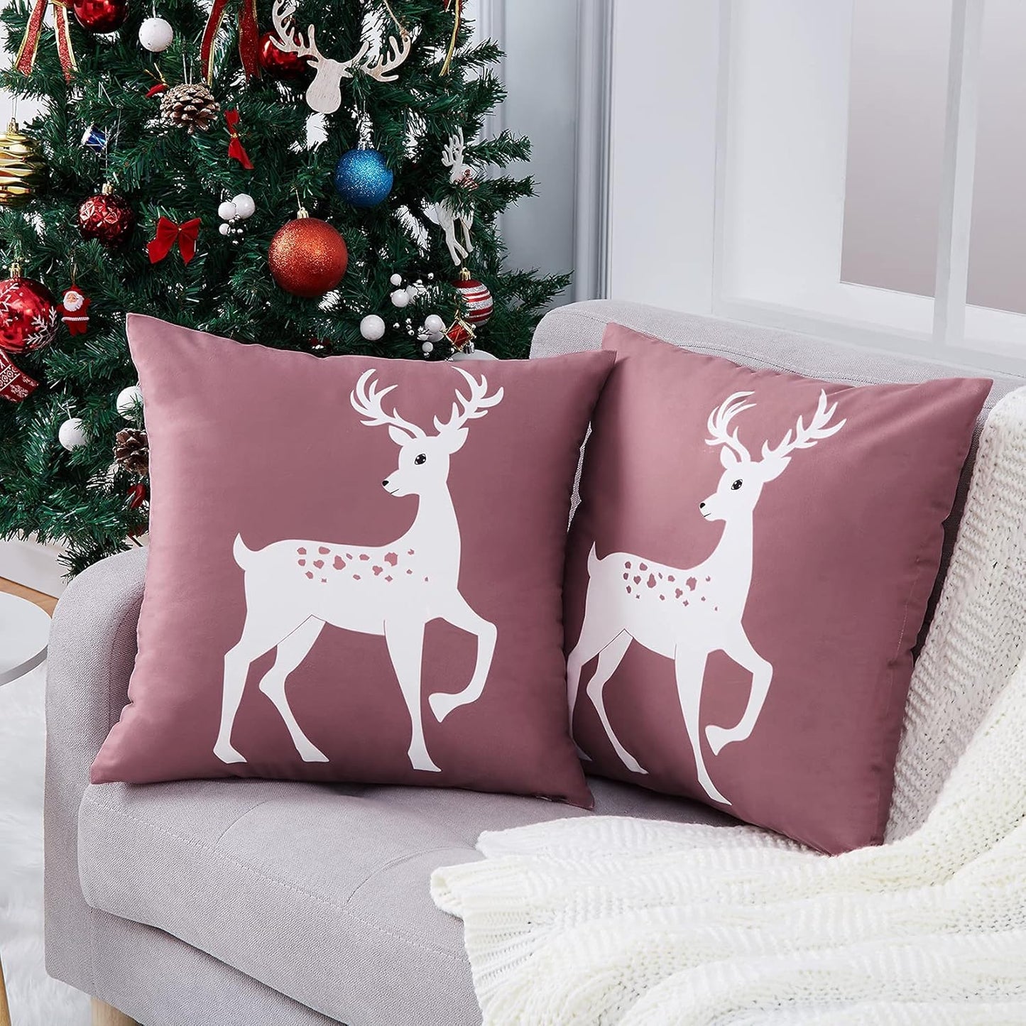 CAROMIO Christmas Decorations Pillow Covers 18 X18 Inch Set of 2 Farmhouse Christmas Decor for Bedroom, Deer Rustic Xmas Pillow Case Winter Holiday Decorations Throw Cushion Case for Home Couch, Pink