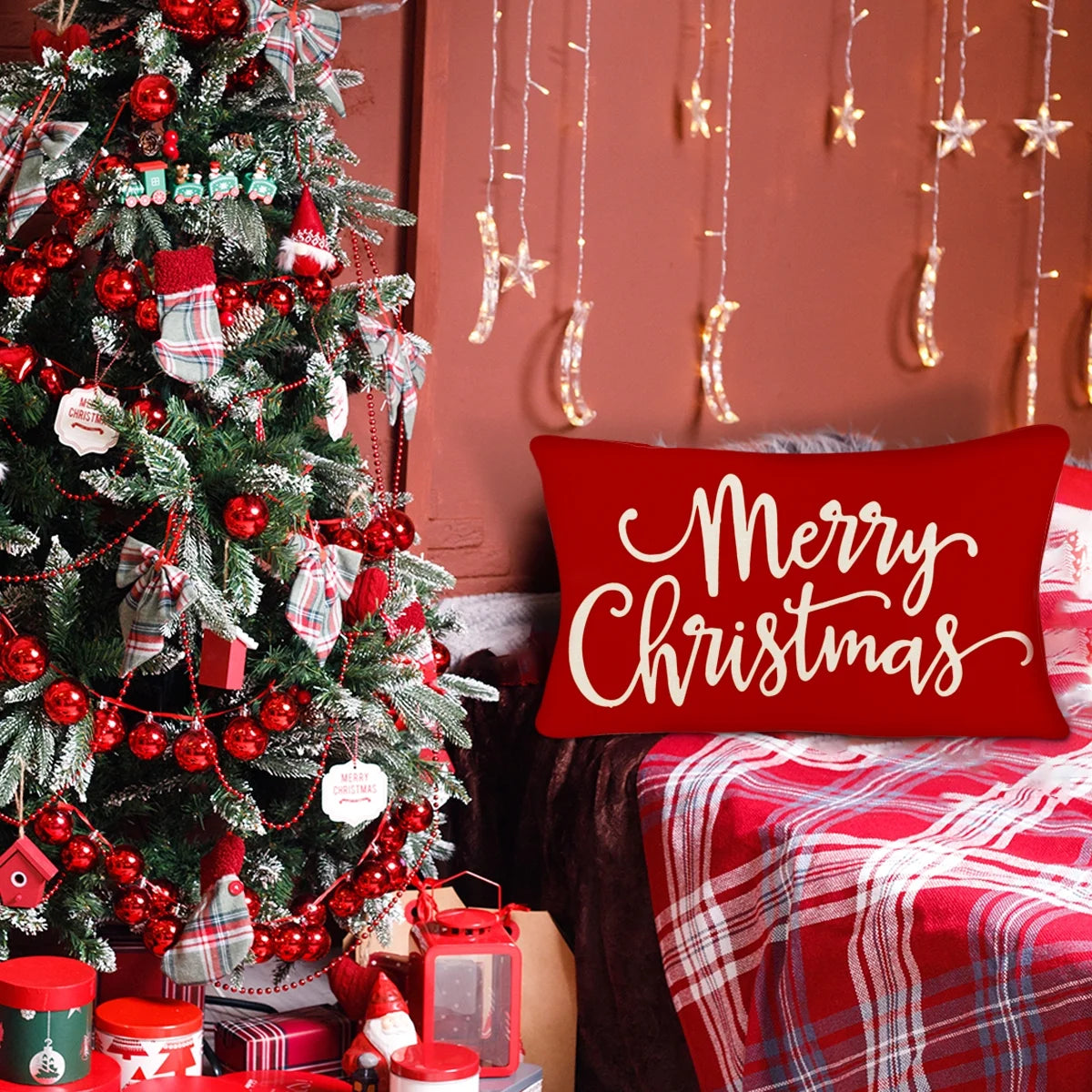 Christmas Pillow Covers Decorations Red Merry Christmas Farmhouse Throw Pillow Covers Great Gift for Christmas 12" X 20" 1 Pack