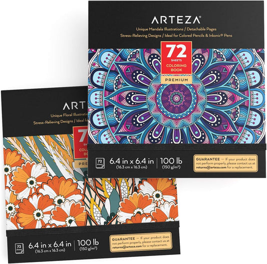 ARTEZA Adult Coloring Books, Floral & Mandala Designs, Pack of 2, 72 Sheets Each, 6.4X6.4 Inches Coloring Pages, 100 Lb Paper