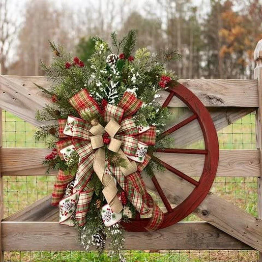 Red Wagon Wheel Christmas Decorations Wreath