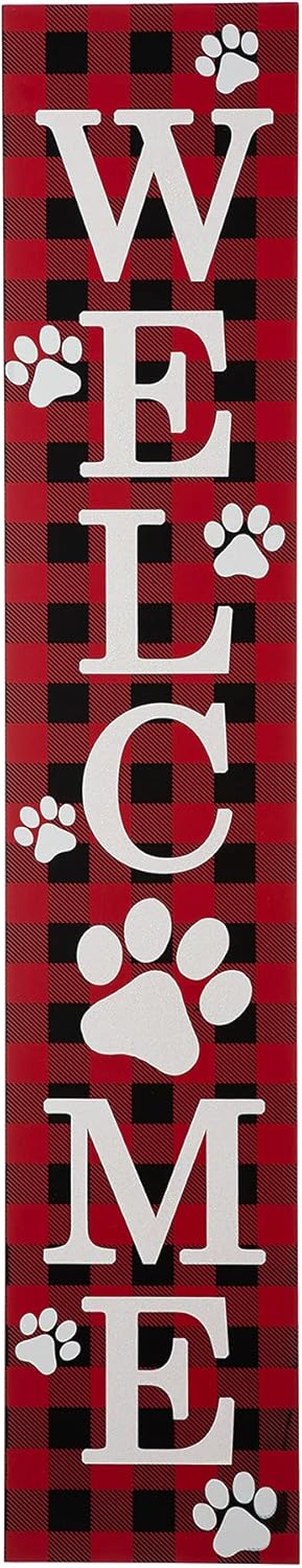 Glitzhome Wooden Welcome Sign with Plaid Pet Paw for Porch, Rustic Farmhouse Style Hanging Vertical Welcome Sign, Red, 42'H, 8'L X 0.5'W