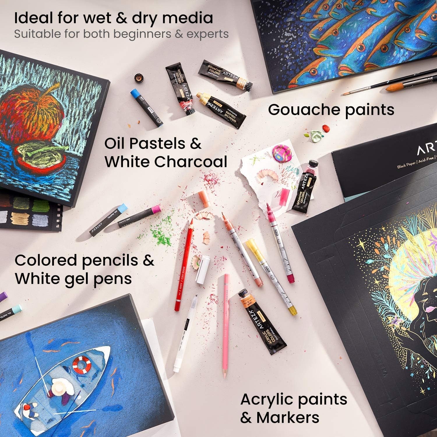 ARTEZA Mixed Media Paper Foldable Canvas Pad, 8X11 Inches, 20 Sheets, Black Paper