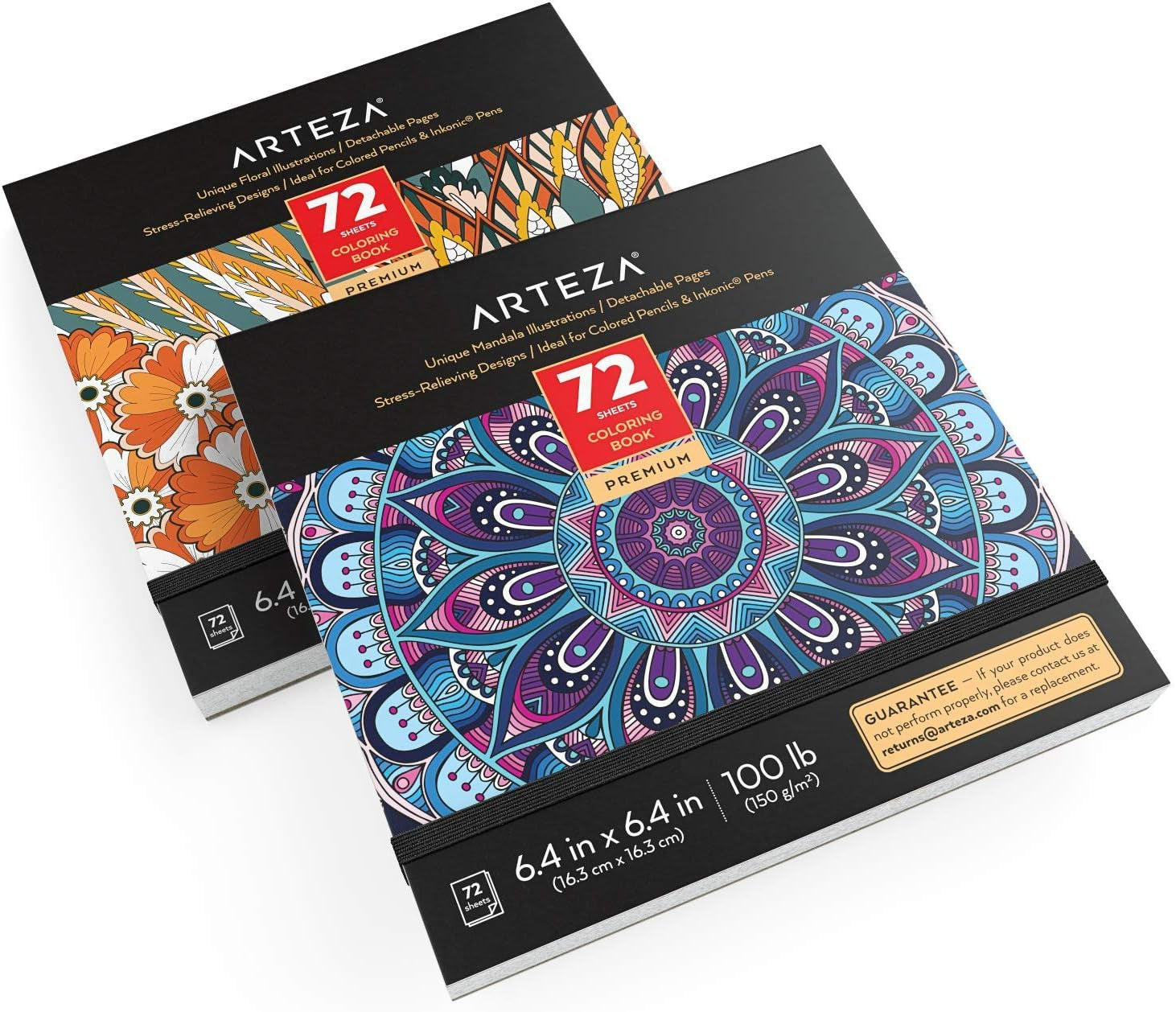 ARTEZA Adult Coloring Books, Floral & Mandala Designs, Pack of 2, 72 Sheets Each, 6.4X6.4 Inches Coloring Pages, 100 Lb Paper