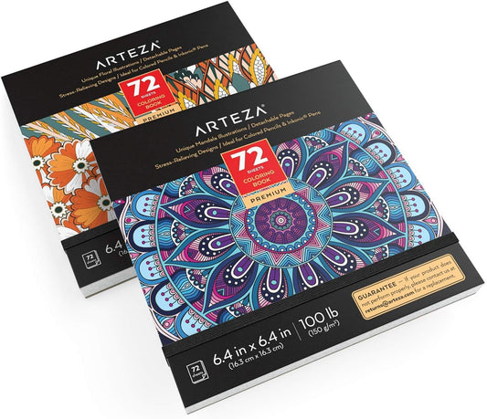 ARTEZA Adult Coloring Books, Floral & Mandala Designs, Pack of 2, 72 Sheets Each, 6.4X6.4 Inches Coloring Pages, 100 Lb Paper