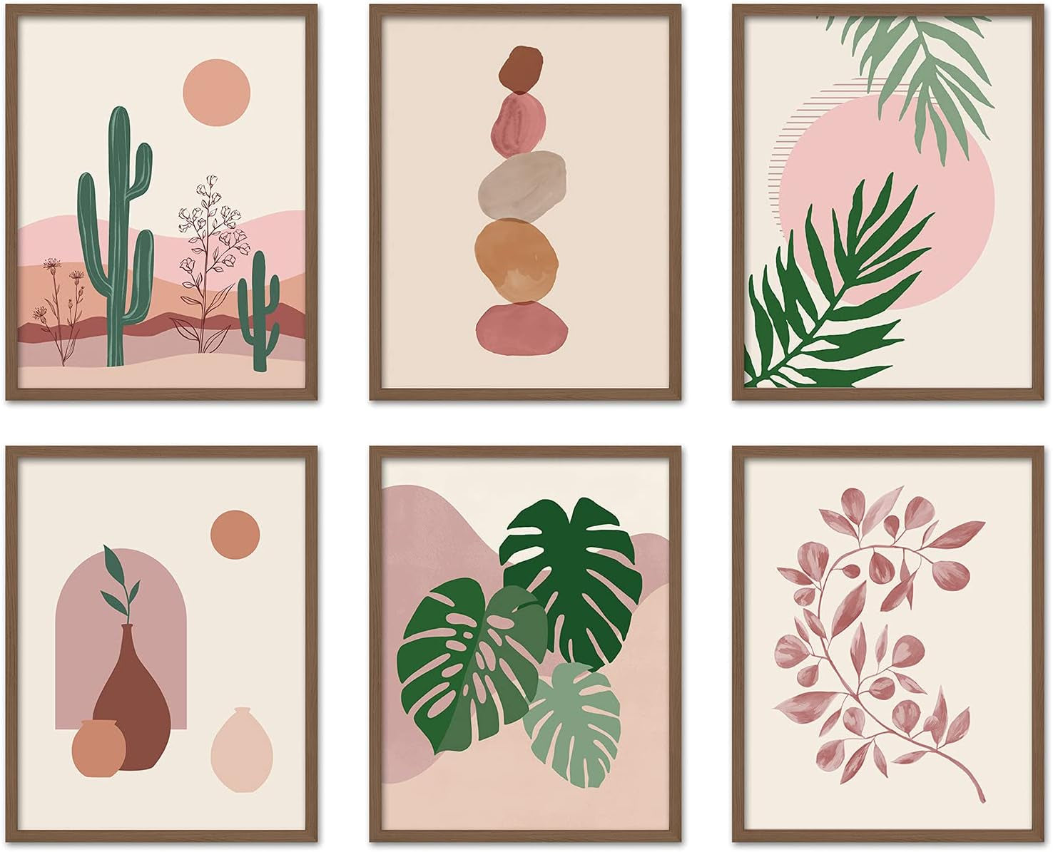 Boho Wall Art Room Decor 8X10 Set of 6 Boho Posters, Mid Century Modern Prints for Wall Art, Sun Moon Desert Bedroom Decor