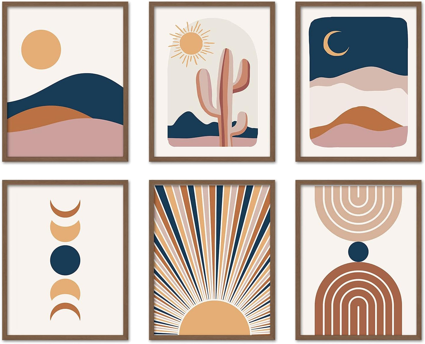 Boho Wall Art Room Decor 8X10 Set of 6 Boho Posters, Mid Century Modern Prints for Wall Art, Sun Moon Desert Bedroom Decor
